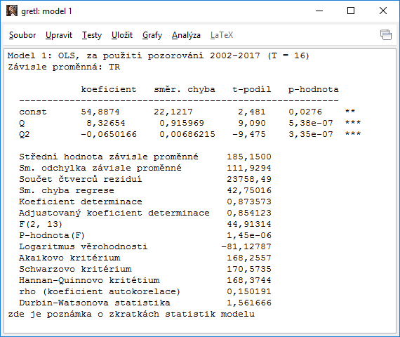 Odhad modelu v Gretl